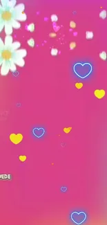 Vibrant pink mobile wallpaper with flowers and hearts.