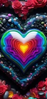 Vibrant heart and rose design with multicolor layers.