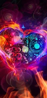 Vibrant abstract heart with neon colors and floral patterns.