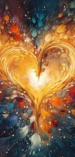 Vibrant heart-shaped abstract art with orange, blue, and red colors.