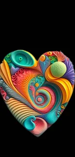 Colorful heart-shaped abstract art with vibrant swirls on black background.