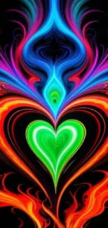 Vibrant abstract heart art with neon colors and flames on black background wallpaper.