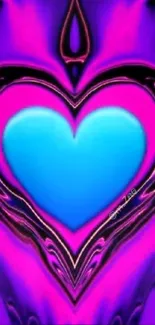 Abstract blue heart on a vibrant pink and purple background.