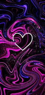 Vibrant abstract wallpaper with heart design in pink and purple swirls.