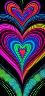 A vibrant neon heart pattern on black wallpaper.