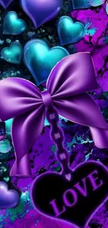 Vibrant wallpaper with purple bow, teal hearts, and butterflies.
