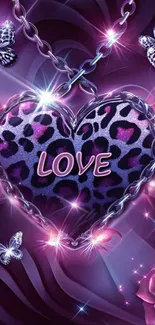 Purple leopard heart with LOVE and butterflies on a vibrant background.