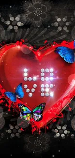 Vibrant design with red heart and blue butterflies on dark background.