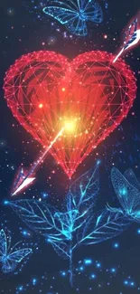 Luminous heart and blue butterflies with arrow on dark background.