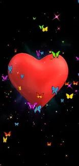 Red heart with colorful butterflies on a black background.