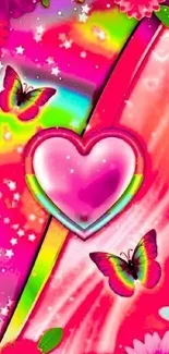 Colorful heart and butterfly wallpaper with vibrant pinks.