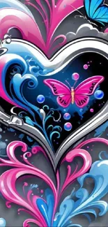 Colorful heart and butterfly mobile wallpaper in blue and pink hues.