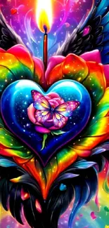 Vibrant heart and butterfly with cosmic wings and rainbow colors on a mobile wallpaper.