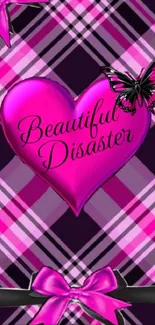 Pink heart and butterfly with plaid background.
