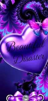 Purple heart with butterfly and fractal design on wallpaper.
