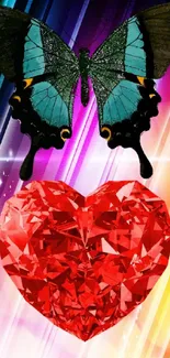 Vibrant butterfly and heart with colorful striped background.