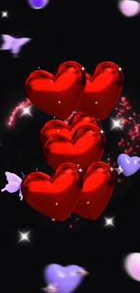 Vivid red hearts with purple butterflies on black background.