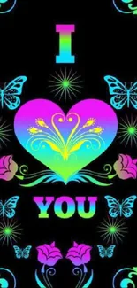 Colorful heart and butterflies with neon design on black background.