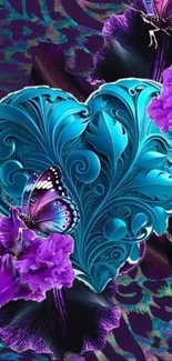 Teal heart with butterfly and floral accents on a mobile wallpaper.