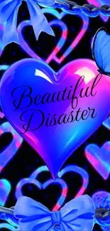 Vibrant heart and butterfly wallpaper with neon colors.