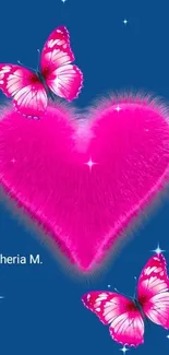 Fluffy pink heart with butterflies on blue background wallpaper.