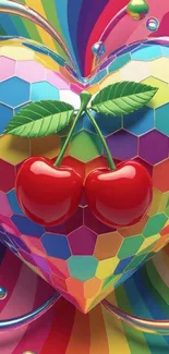 Vibrant heart-shaped honeycomb with cherries and rainbow colors mobile wallpaper.
