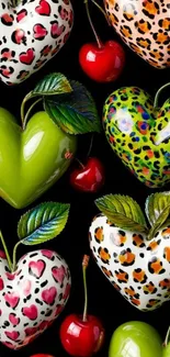 Colorful heart-shaped patterns with cherries on a black background.