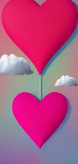 Colorful wallpaper with pink hearts and fluffy clouds on a gradient background.