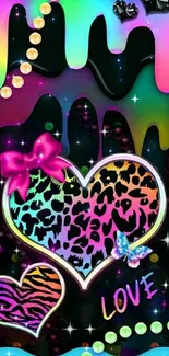 Colorful heart and leopard print wallpaper with neon colors and pearls.