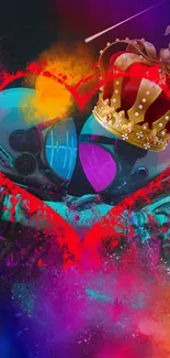 Colorful heart and crown abstract wallpaper with vibrant hues.