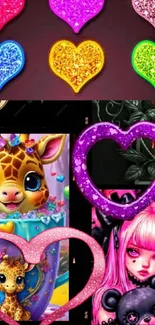 Vibrant hearts and cute animal art with pink and colorful elements on wallpaper.