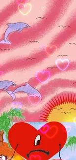 Heart and dolphins at sunset wallpaper illustration.