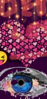 Vibrant wallpaper with heart, eye, and emoji on a purple background.