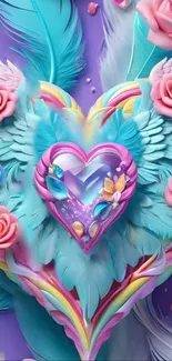 Colorful heart with feathers and roses in vibrant art design.