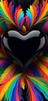 Vibrant wallpaper with black heart and colorful feathers.