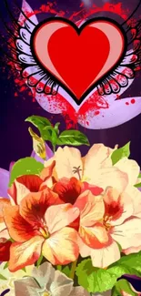 Mobile wallpaper with red heart and vibrant floral background.