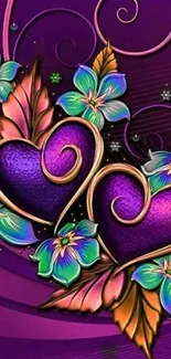 Purple hearts and blue flowers on a vibrant mobile wallpaper.