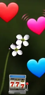 Colorful hearts and white flower on dark green wallpaper.