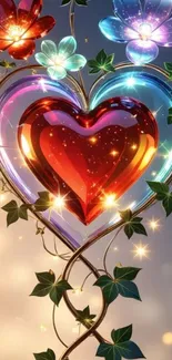 Colorful heart-shaped floral art on a mobile wallpaper.