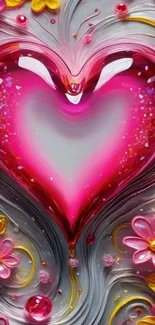 Vibrant pink heart with floral accents on abstract background.