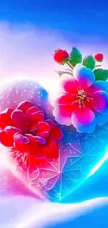 Heart-shaped ice and flowers against a vibrant blue background.