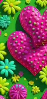 Bright wallpaper with pink hearts and colorful flowers on a green background.