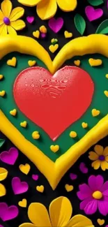 Colorful wallpaper with heart and flowers in vibrant hues.
