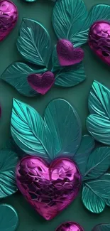 Teal and pink heart-themed wallpaper with leaves.