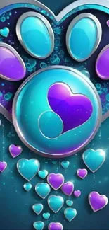 Colorful heart and paw mobile wallpaper with blue and purple hues.