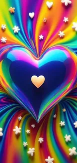 Vibrant heart with swirling rainbow and small white flowers.