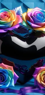 Glossy black heart with vibrant rainbow roses surrounding it.