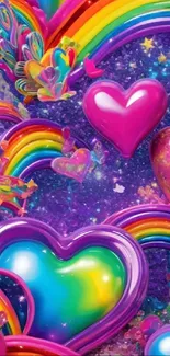 Colorful hearts and rainbows on cosmic background.