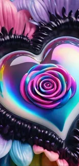 Colorful heart and rose design wallpaper.