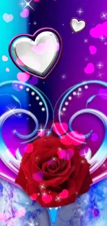 Heart and rose design with vibrant blue and purple tones on mobile wallpaper.